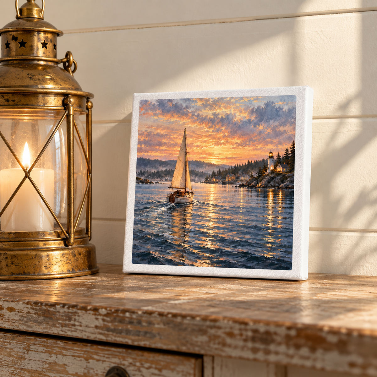 The Long Way Home Canvas by Mirabilia Boutique displayed on a wooden surface next to a lit lantern, featuring sailboat art on water near a lighthouse at sunset.