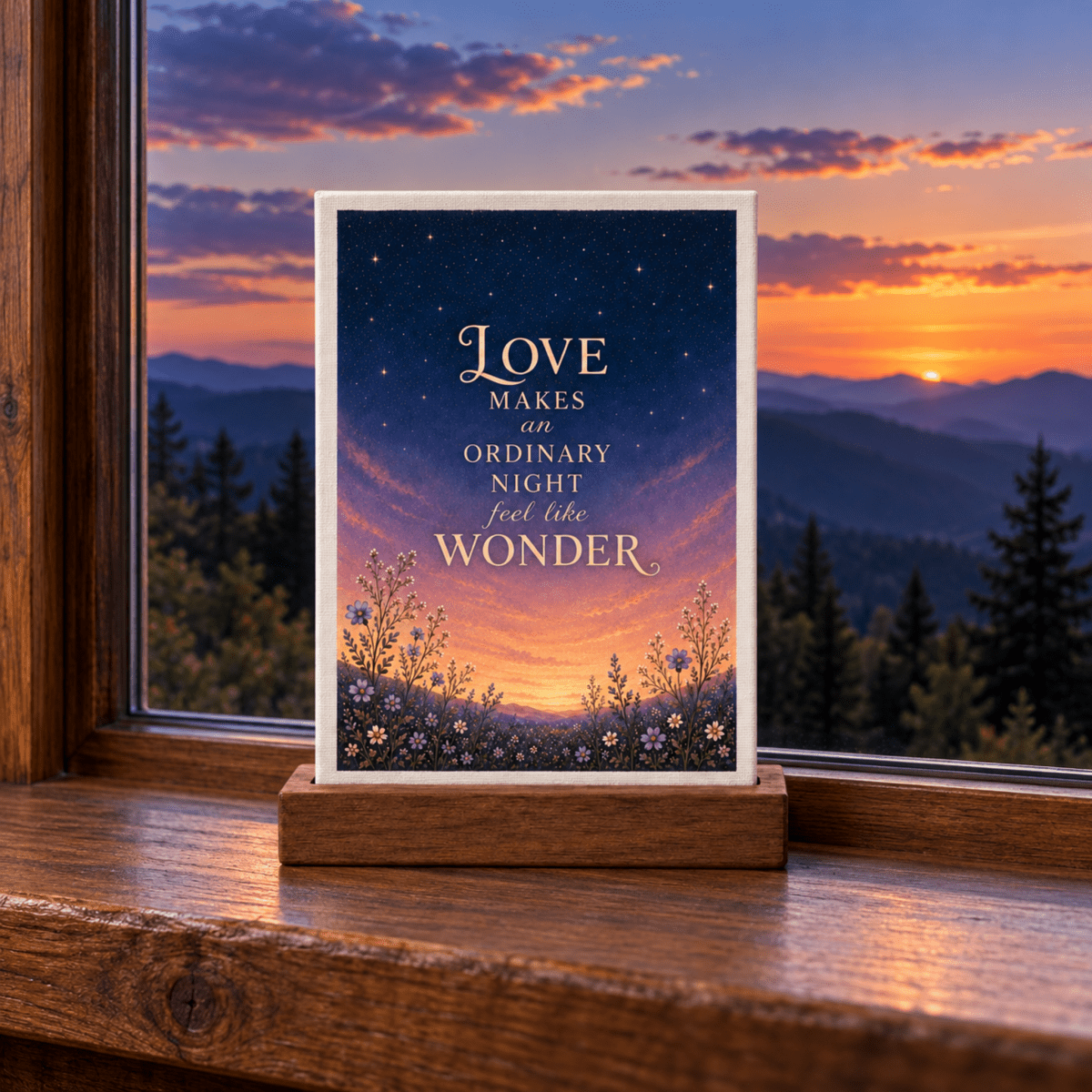 A Love Makes Wonder Romantic Mini Sign on a wooden stand in a window, displaying a starry sunset landscape and the text “Love makes an ordinary night feel like wonder.”