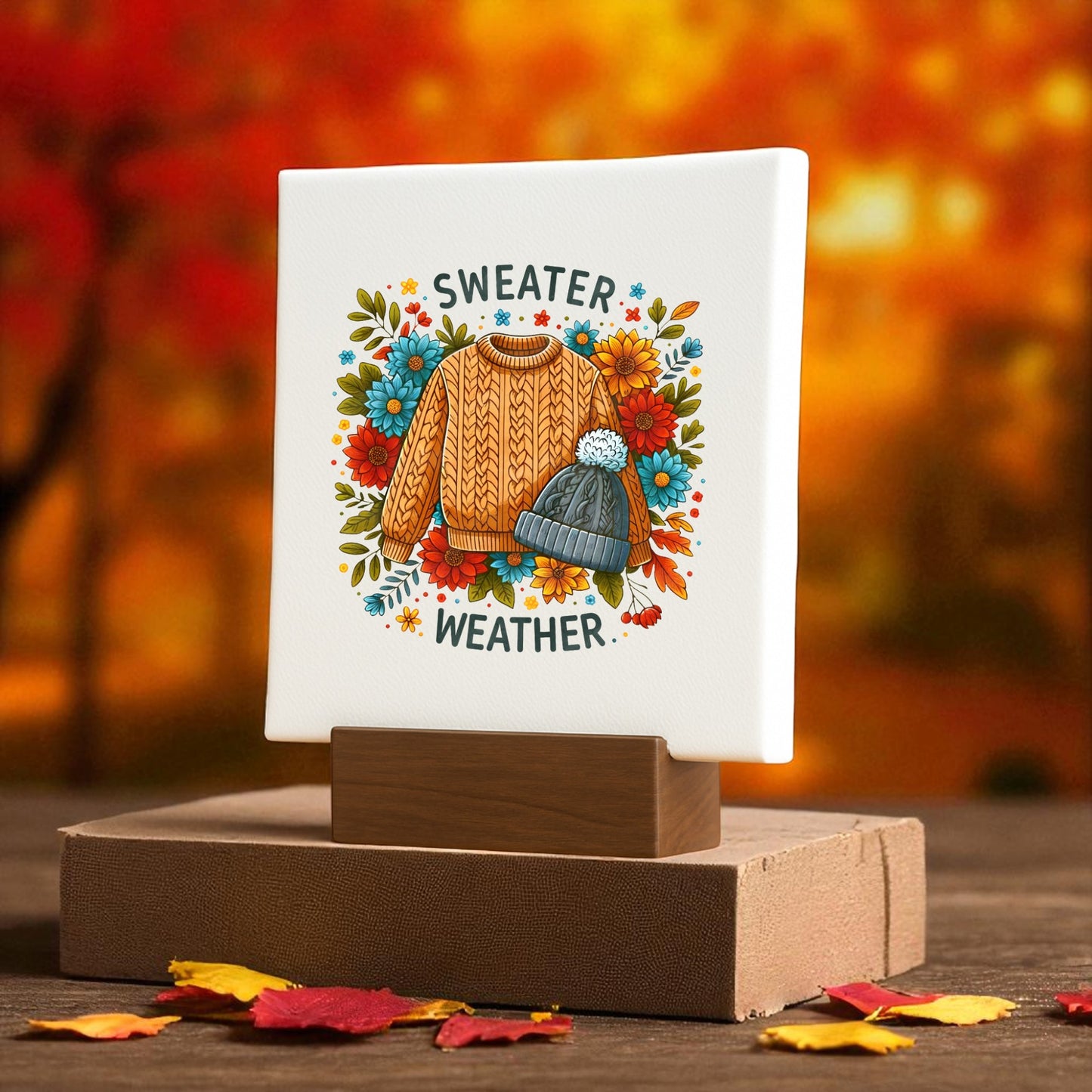 The Sweater Weather Mini Sign by Mirabilia Boutique features an orange sweater, knit hat, and flowers on cable knit canvas. This cozy fall decor is perfect for autumn displays and comes on a wooden stand for easy placement.
