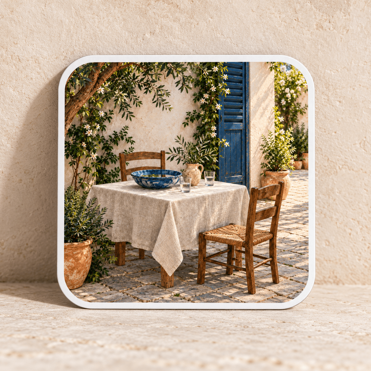 Table in the Shade Magnet depicting a square courtyard scene with a table set for two on a sunny stone patio, surrounded by potted plants and flowering vines.