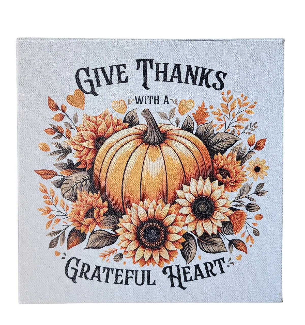 The Mirabilia Boutique Give Thanks With a Grateful Heart Wood Sign is an 8x8 fall wall art featuring pumpkins and sunflowers, perfect Thanksgiving décor on cradled wood to add charm to your home.
