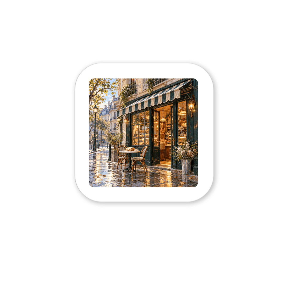 The City Before Nine Magnet | Paris Toujours square magnet featuring Paris café art of a street-level view with outdoor bistro seating on a wet cobblestone sidewalk.