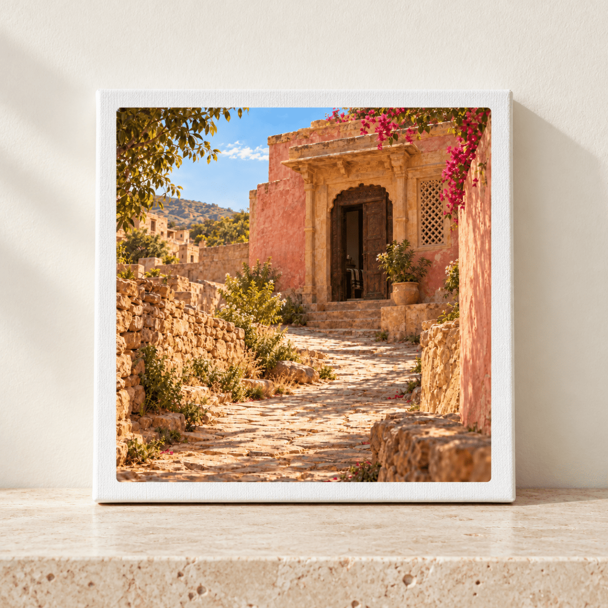 The House Ahead Canvas | Sand & Saffron featuring a square stone path leading to the arched wooden doorway of a pink stucco building covered in flowering vines.