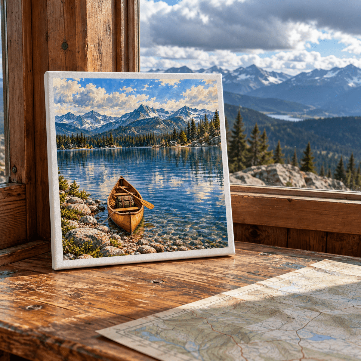The Lake Ahead Canvas sits on a wooden windowsill next to a map, with a real mountain landscape visible through the window behind the artwork.