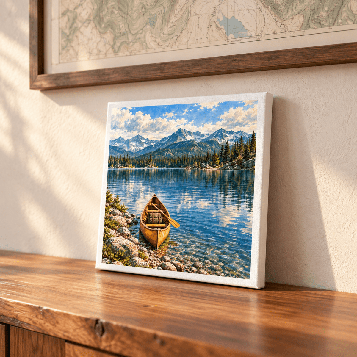The Lake Ahead Canvas depicts a wooden canoe moored on the rocky shore of a clear lake with snow-capped mountains in the background, shown resting on a wooden surface.