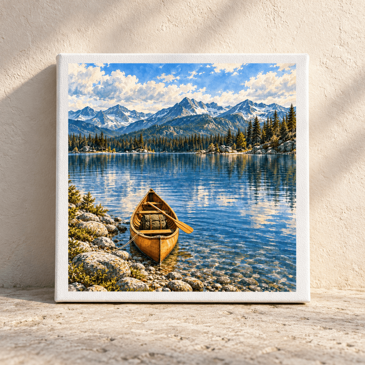 The Lake Ahead Canvas depicts a wooden canoe resting on a rocky shore beside a calm mountain lake, with a forest and snow-capped peaks in the background.