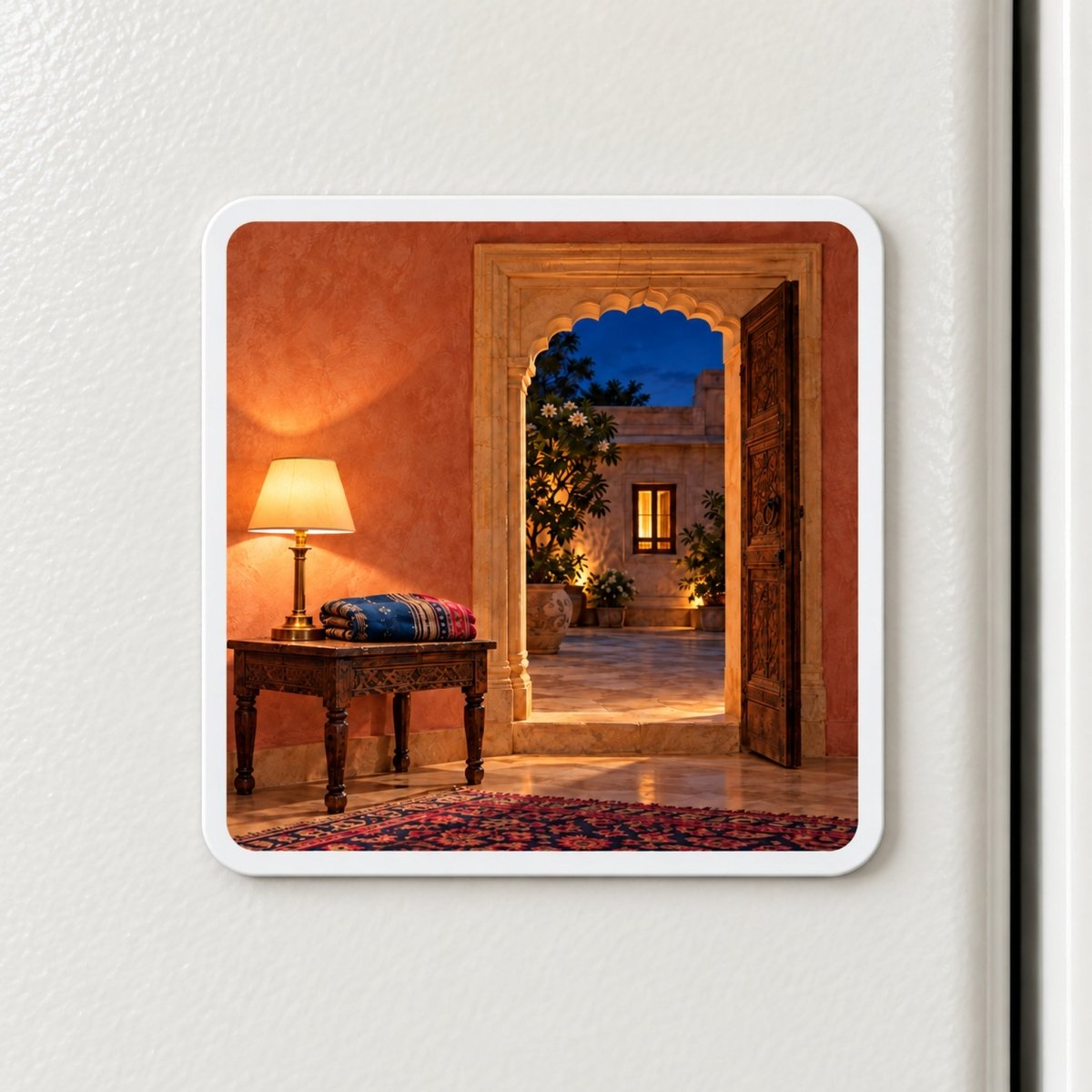Square The Light Still On Magnet | Sand & Saffron refrigerator magnet showing a night scene of a lit lamp on a side table next to an open door leading to a courtyard.