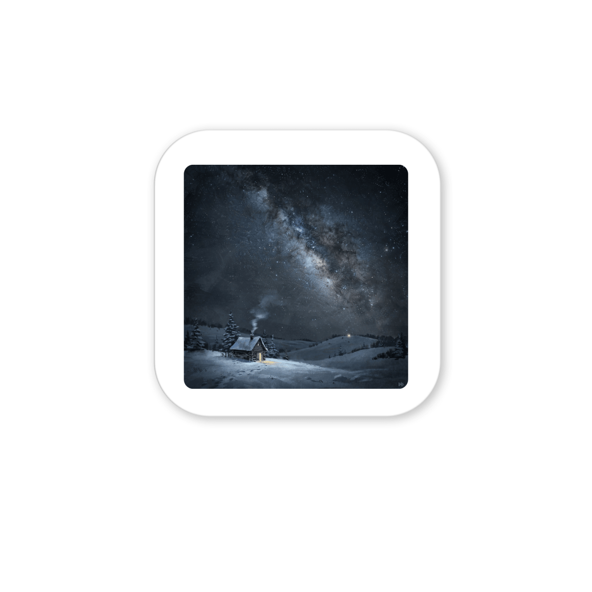 Experience the enchanting beauty of a snowy cabin aglow beneath the Milky Way with The Night Is Listening Milky Way Magnet by Mirabilia Boutique—a celestial art piece that perfectly captures the serene magic of a winter night surrounded by trees and hills.