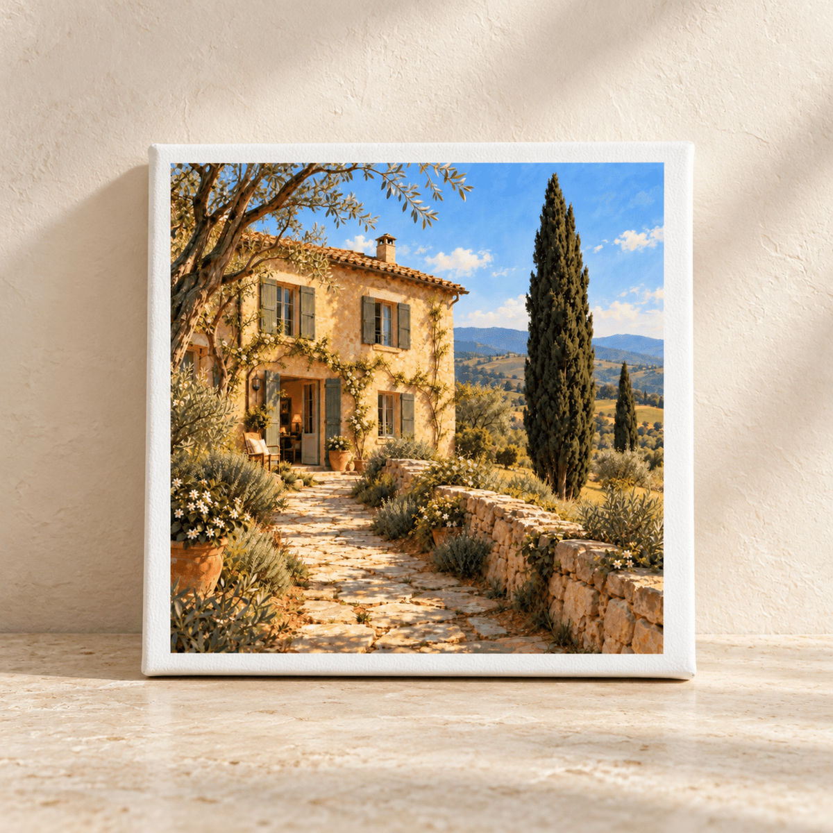The Path Home Tuscan Canvas Art | Ochre & Cypress features a stone cottage with green shutters and a stone path, surrounded by cypress trees and rolling hills in a style perfect for Mediterranean wall decor.