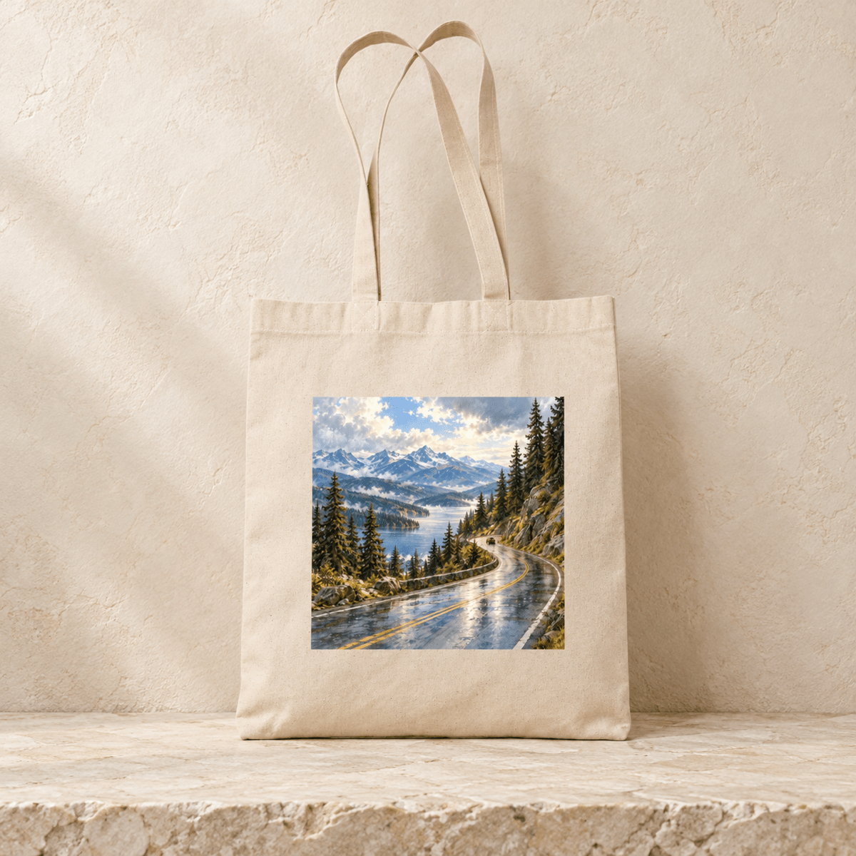 The Scenic Byway Tote Bag featuring a scenic landscape of a winding road along a mountain lake with pine trees and snow-capped peaks.