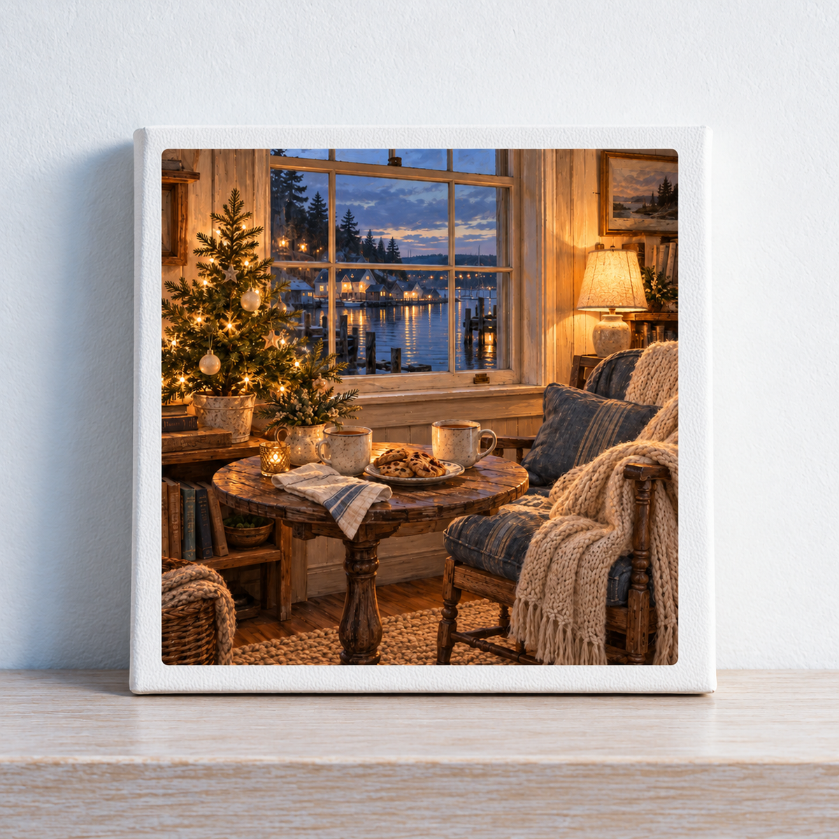 The Warm Room Canvas shows a coastal cottage at Christmas with a cozy room featuring a lit tree, cookies, mugs on a table, and a twilight harbor view through a window.