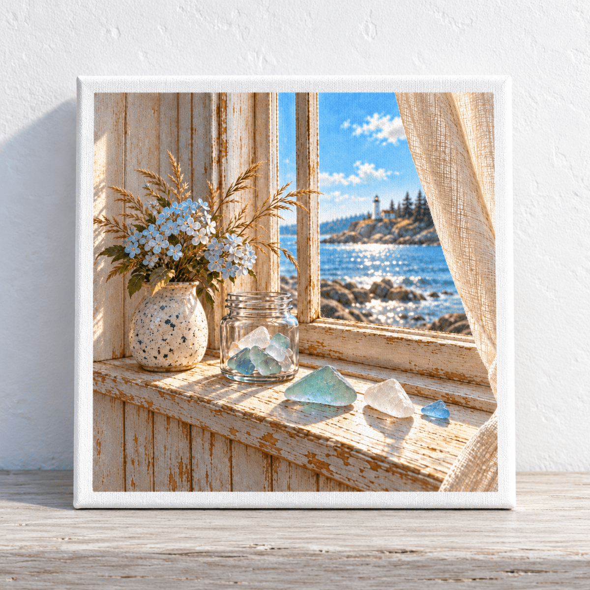 The Windowsill Collection Canvas | Sea Glass featuring a sunny windowsill with blue flowers and scattered sea glass, set against an ocean view with a lighthouse.