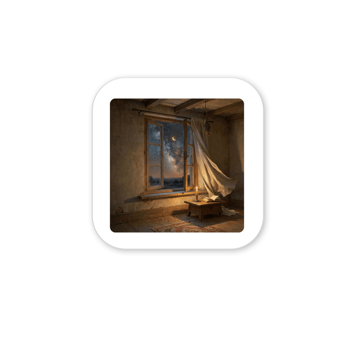 A dimly lit, rustic room with a tattered curtain blowing in the breeze from an open window. Moonlight pours in, casting a gentle glow over a small wooden table and a worn rug—a peaceful scene that captures the enchanting spirit of our There Is Still Wonder Celestial Magnet | Night Sky Art by Mirabilia Boutique.