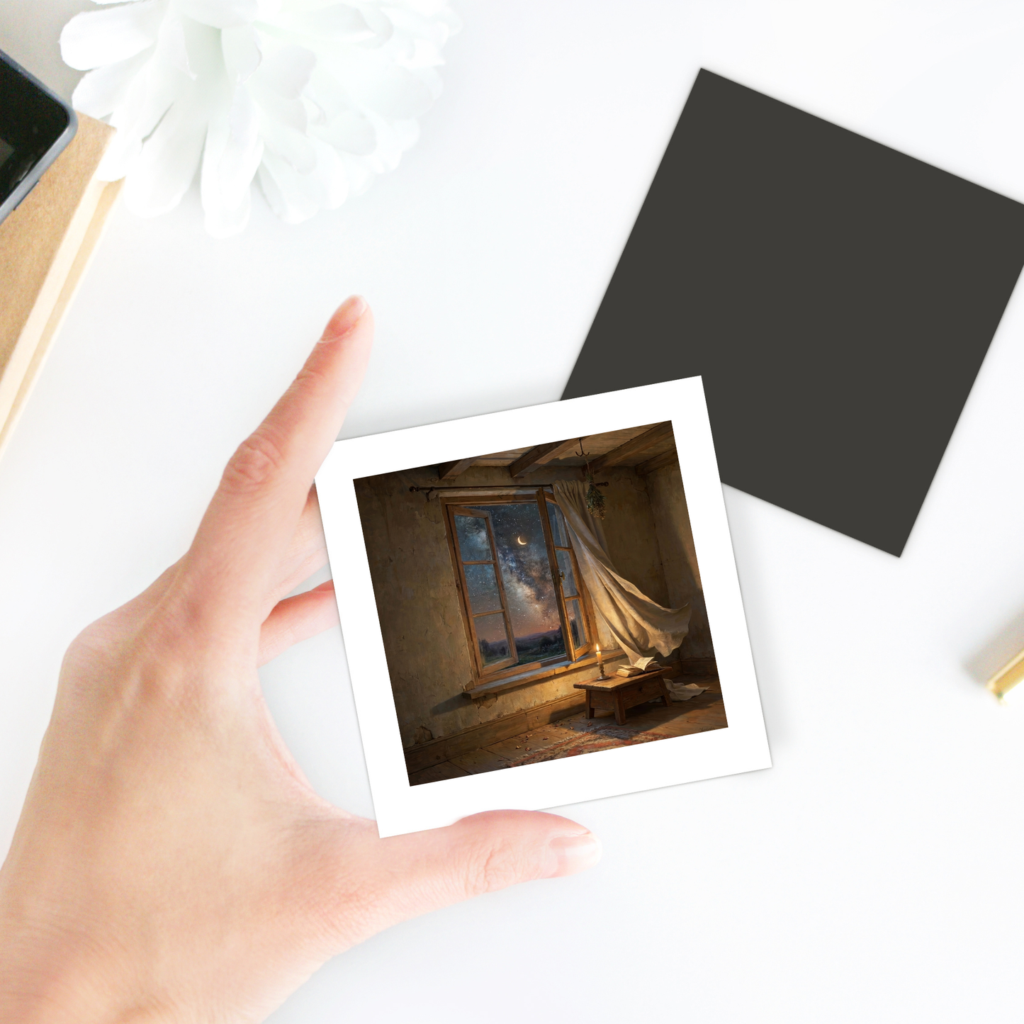 A hand holds a photo showing an old, rustic room with a window, flowing curtains, and soft sunlight. Nearby are a flower, some stationery items on a white surface, and the “There Is Still Wonder Celestial Magnet | Night Sky Art” from Mirabilia Boutique.