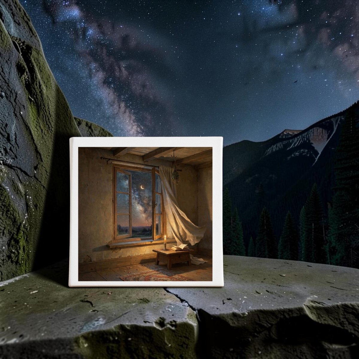 A framed photo of a breezy, candle-lit room at night sits on a stone ledge outdoors, against a backdrop of starry skies, rocky cliffs, and pine trees—a scene reminiscent of the “There Is Still Wonder Celestial Canvas Art | 8x8” by Mirabilia Boutique.
