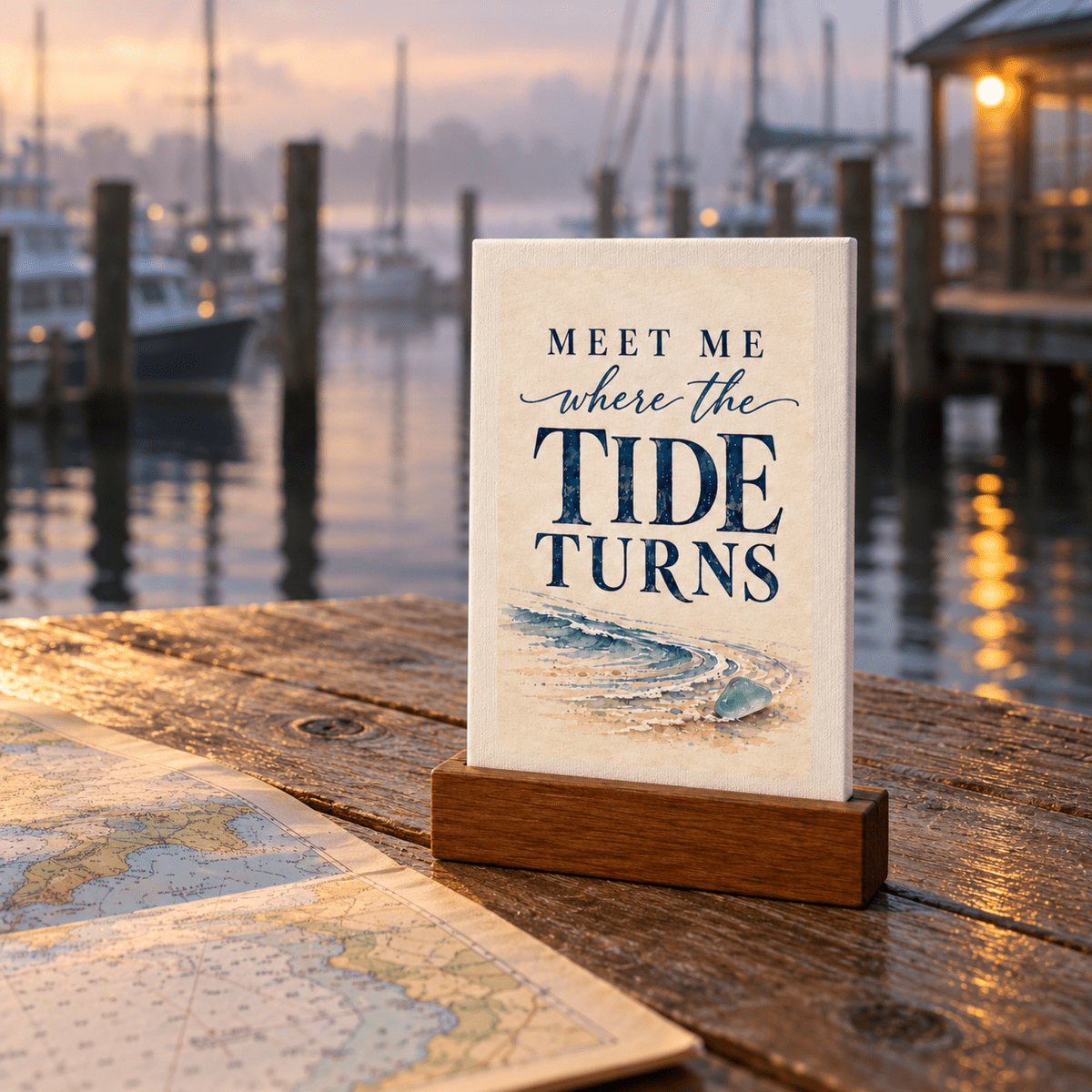 A Meet Me Where the Tide Turns Mini Sign | Salt & Story resting in a wooden stand, featuring a watercolor shoreline painting, a piece of sea glass, and the text “Meet Me where the TIDE TURNS.”
