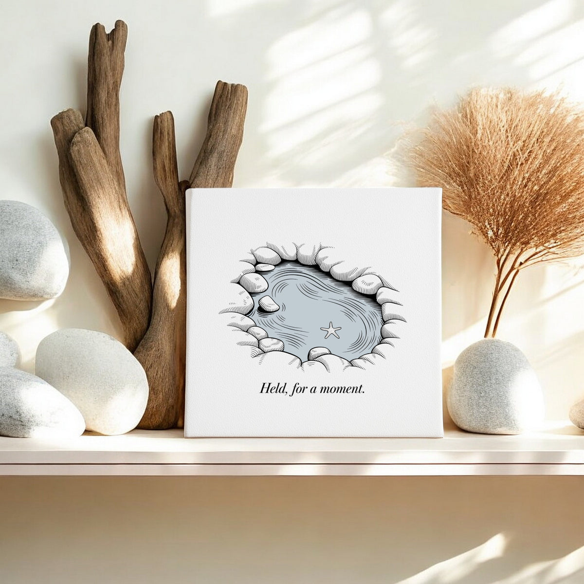A shelf displays smooth white stones, driftwood, dried grass in a vase, and Mirabilia Boutique's "Held, For a Moment" – an 8x8 coastal canvas wall art featuring an illustrated tide pool.