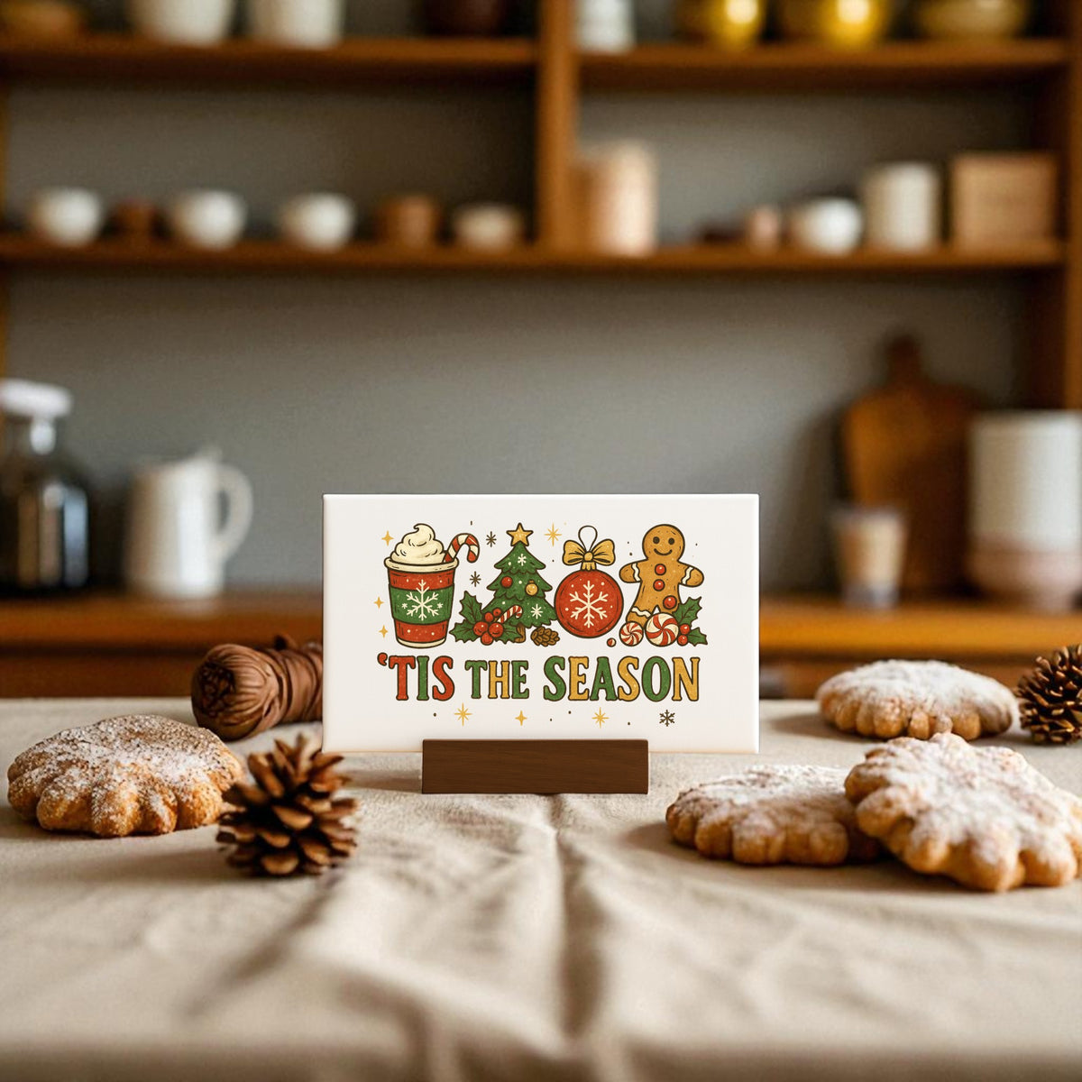 The 'Tis the Season Mini Canvas (6x4") by Mirabilia Boutique features festive art and comes with a base—perfect Christmas decor or a holiday gift for your kitchen table alongside cookies and pinecones.