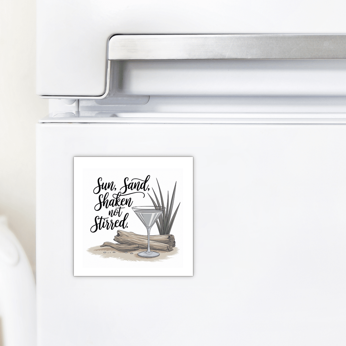 The Sun, Sand, Shaken Not Stirred Magnet by Mirabilia Boutique is perfect coastal kitchen decor or a fun cocktail lover gift, featuring beachy vibes in a charming design.