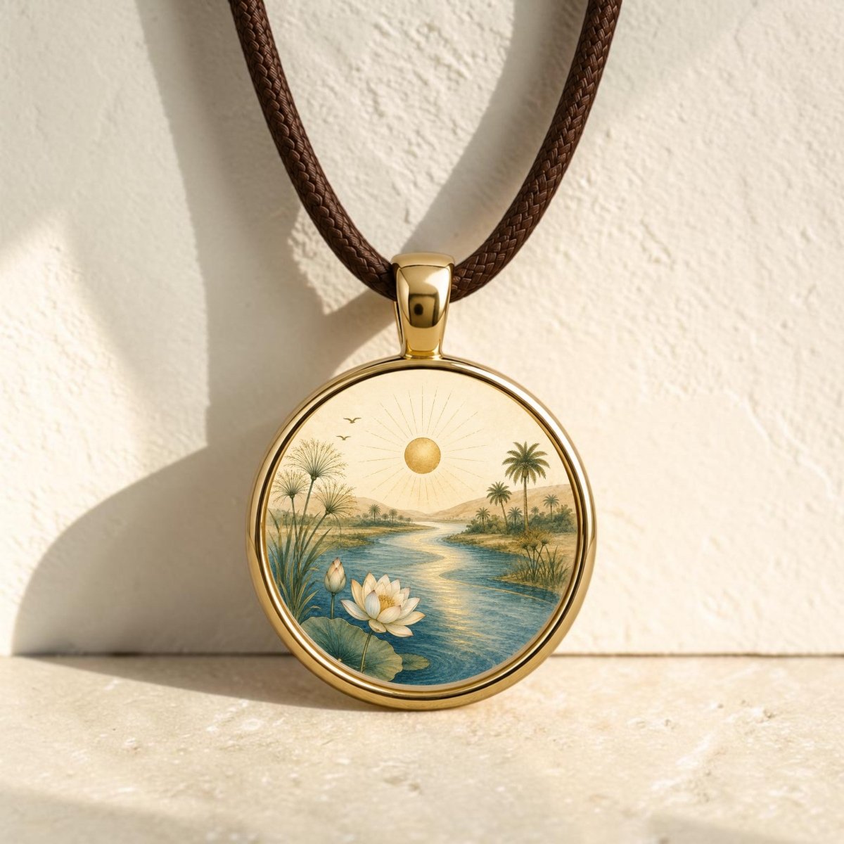 Trust the Journey | Story Pendant Necklace by Mirabilia Boutique—this gold pendant necklace features a round charm adorned with a painted river scene: delicate lotus flowers, graceful palm trees, distant hills, and a radiant sun. Wearable art inspired by ancient rivers, this stunning piece of Nile landscape jewelry rests against a light textured surface on its brown cord, beautifully capturing the spirit of the journey.