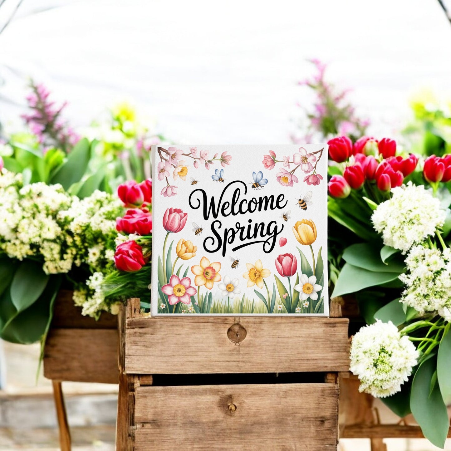 The Mirabilia Boutique Welcome Spring Canvas – 8x8 Floral Wall Art features illustrated flowers, butterflies, and bees with a cheerful welcome spring message, making it the perfect vibrant seasonal decor for your home.