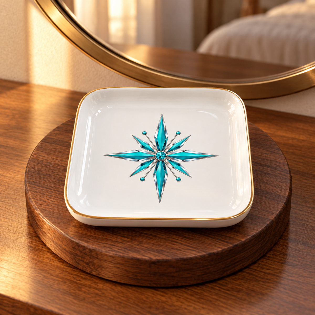 Starlite Starburst Ceramic Jewelry Tray square white ceramic jewelry tray with a gold rim and a metallic turquoise starburst design in the center.