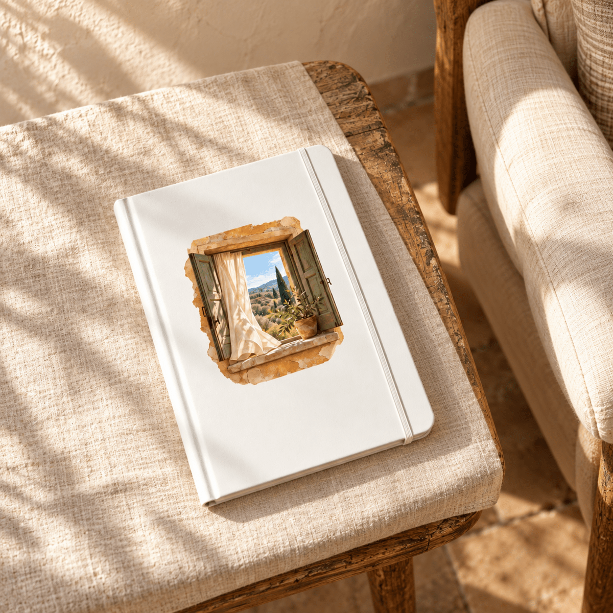 A white Days Still Becoming A5 Journal by Mirabilia Boutique featuring an illustration of an open window looking out onto a Mediterranean landscape.