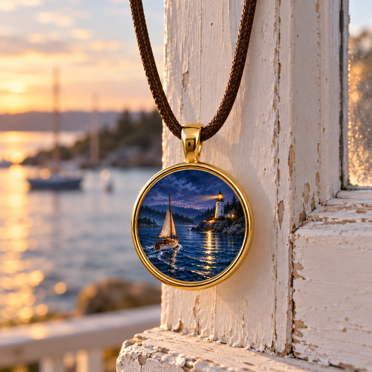 The Light Kept Burning Story Pendant Necklace is a round gold pendant on a brown cord featuring a coastal illustration of a sailboat near a lighthouse at dusk.