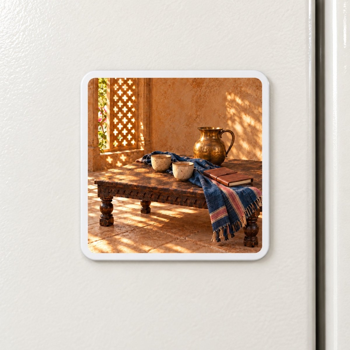 Square Two Cups Before Leaving Magnet | Sand & Saffron depicting a still life of a wooden table with two cups, a pitcher, and a journal set on a terrace.