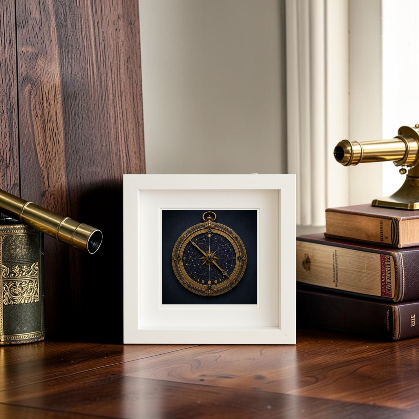 The “Under the Same Stars Celestial Compass Shadowbox” by Mirabilia Boutique is displayed on a wooden table near antique books and brass telescopes beside a window with white trim, evoking the decorative charm of celestial art.