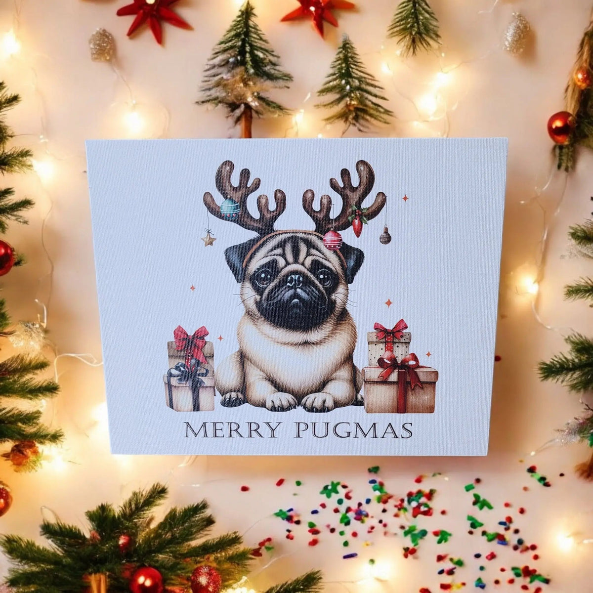 The Mirabilia Boutique Merry Pugmas Canvas Wall Art features a pug with reindeer antlers amid gifts and Christmas lights. UV printed in 8x10, this festive décor is a funny holiday gift for dog lovers, perfect for brightening any home.