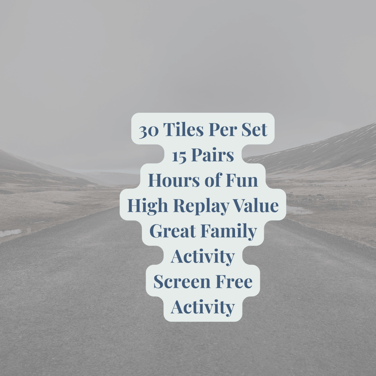 A foggy road background highlights key features: 30 tiles (15 pairs), hours of fun, high replay value—Mirabilia Boutique’s Transportation Match Game is a great family, screen-free activity with vehicles.