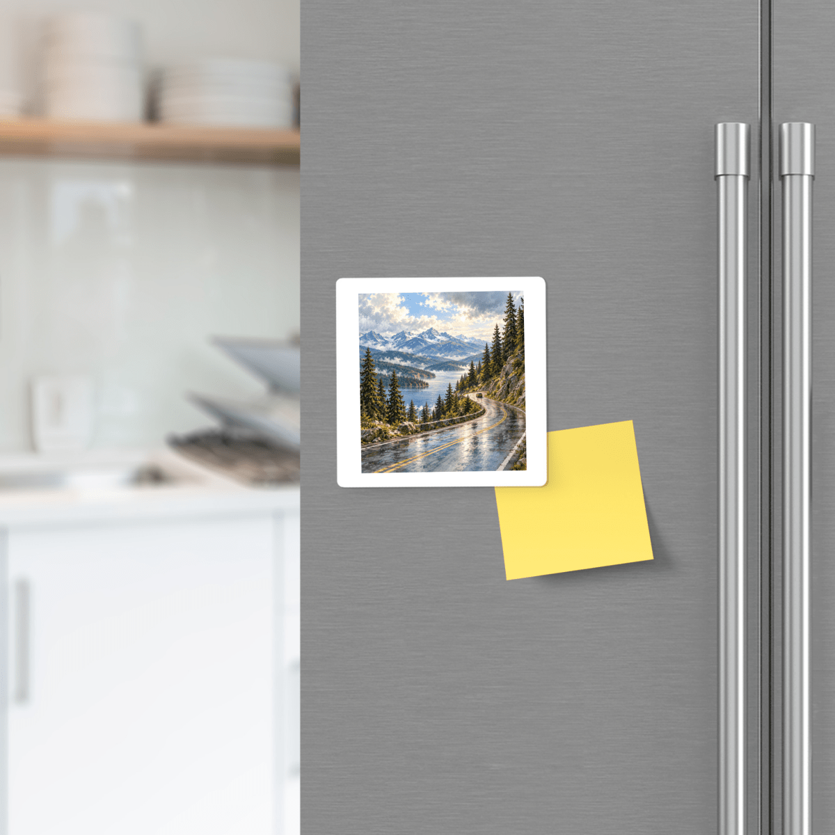 The Scenic Byway Magnet featuring a square mountain landscape positioned above a yellow sticky note on a stainless steel refrigerator.