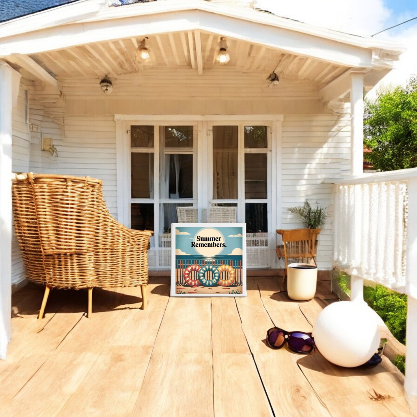 Bring beach cottage vibes to your home with the Summer Remembers Canvas Wall Art – Coastal Nostalgia by Mirabilia Boutique, featuring a white house, wicker furniture, and sunglasses for a coastal decor touch.
