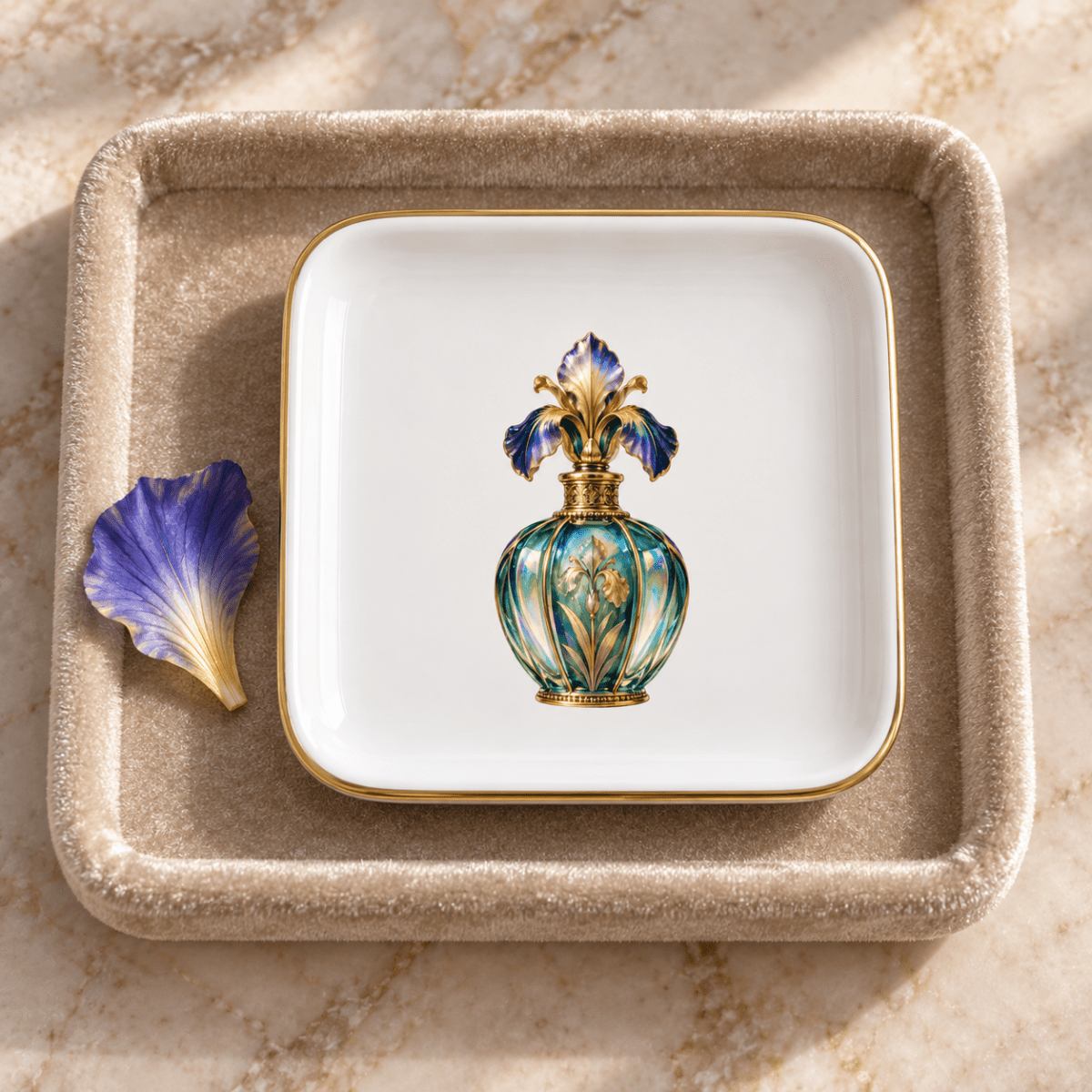 The Iris Perfume Bottle Jewelry Tray | Gilded Reverie from Mirabilia Boutique features a square white plate with a gold-trimmed edge, beautifully adorned with an ornate blue perfume bottle design; presented on a decorative tray beside it rests a single purple flower petal.