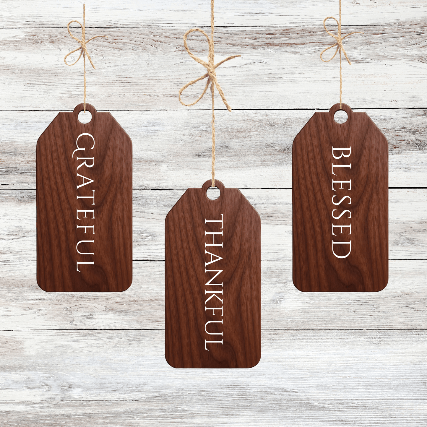 The Autumn Blessings Tags | Walnut Wood Fall Decor Set by Mirabilia Boutique features three walnut wood tags labeled “GRATEFUL,” “THANKFUL,” and “BLESSED”—perfect Thanksgiving decorations for your space.