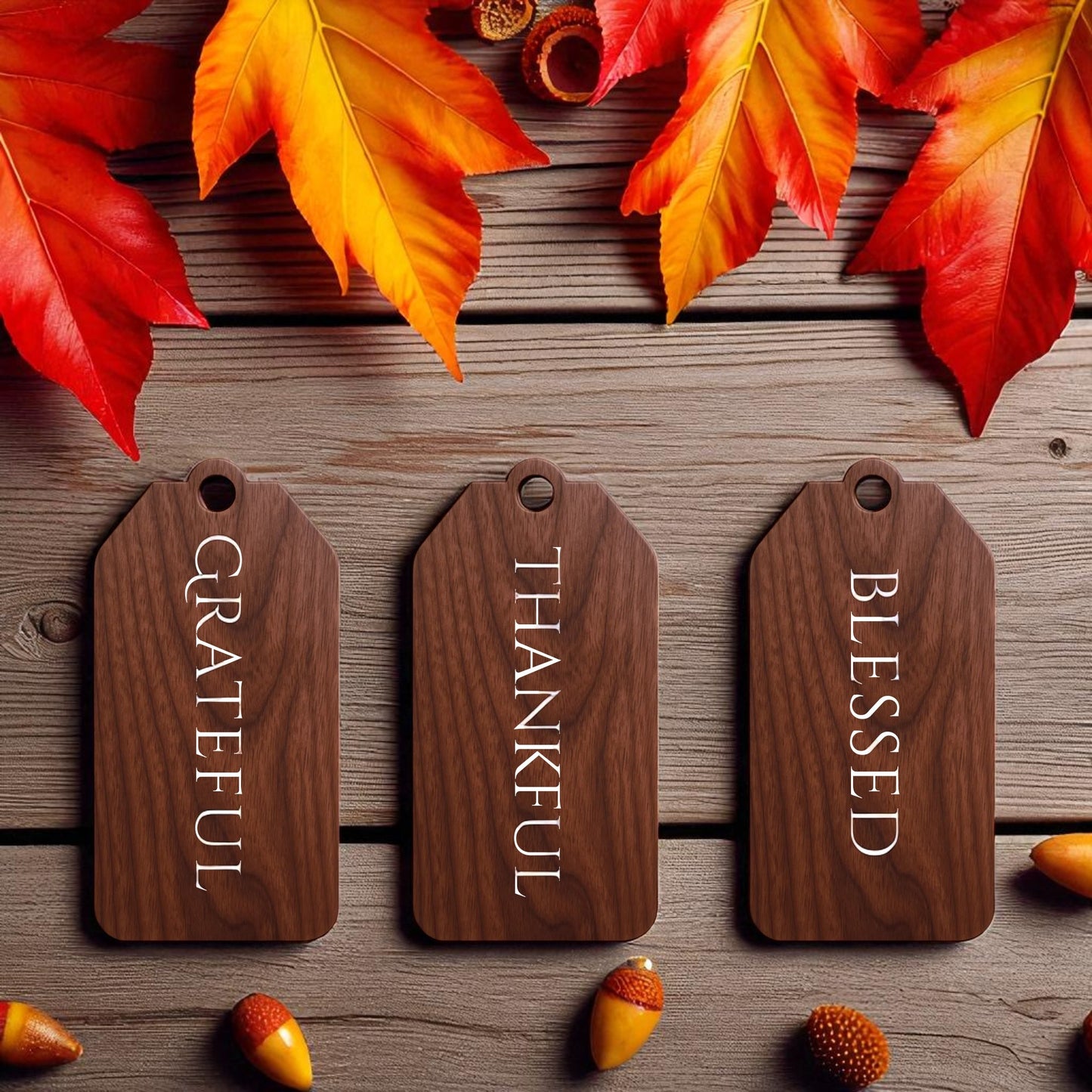 The Autumn Blessings Tags | Walnut Wood Fall Decor Set by Mirabilia Boutique features "Grateful," "Thankful," and "Blessed" tags—ideal Thanksgiving decorations for your home this fall.