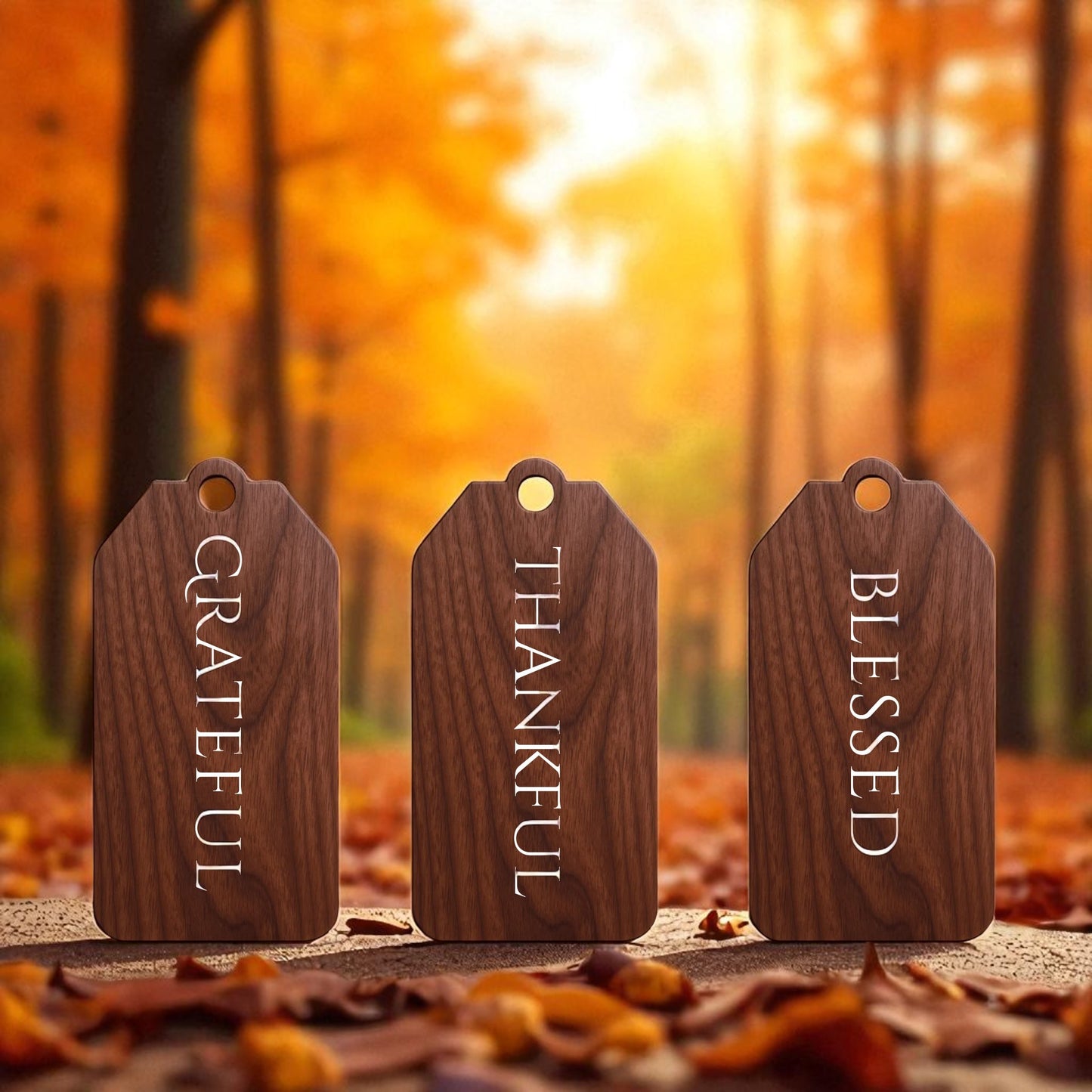 The Autumn Blessings Tags | Walnut Wood Fall Decor Set by Mirabilia Boutique features "GRATEFUL," "THANKFUL," and "BLESSED" tags on autumn leaves—ideal Thanksgiving decorations with a cozy, festive touch.