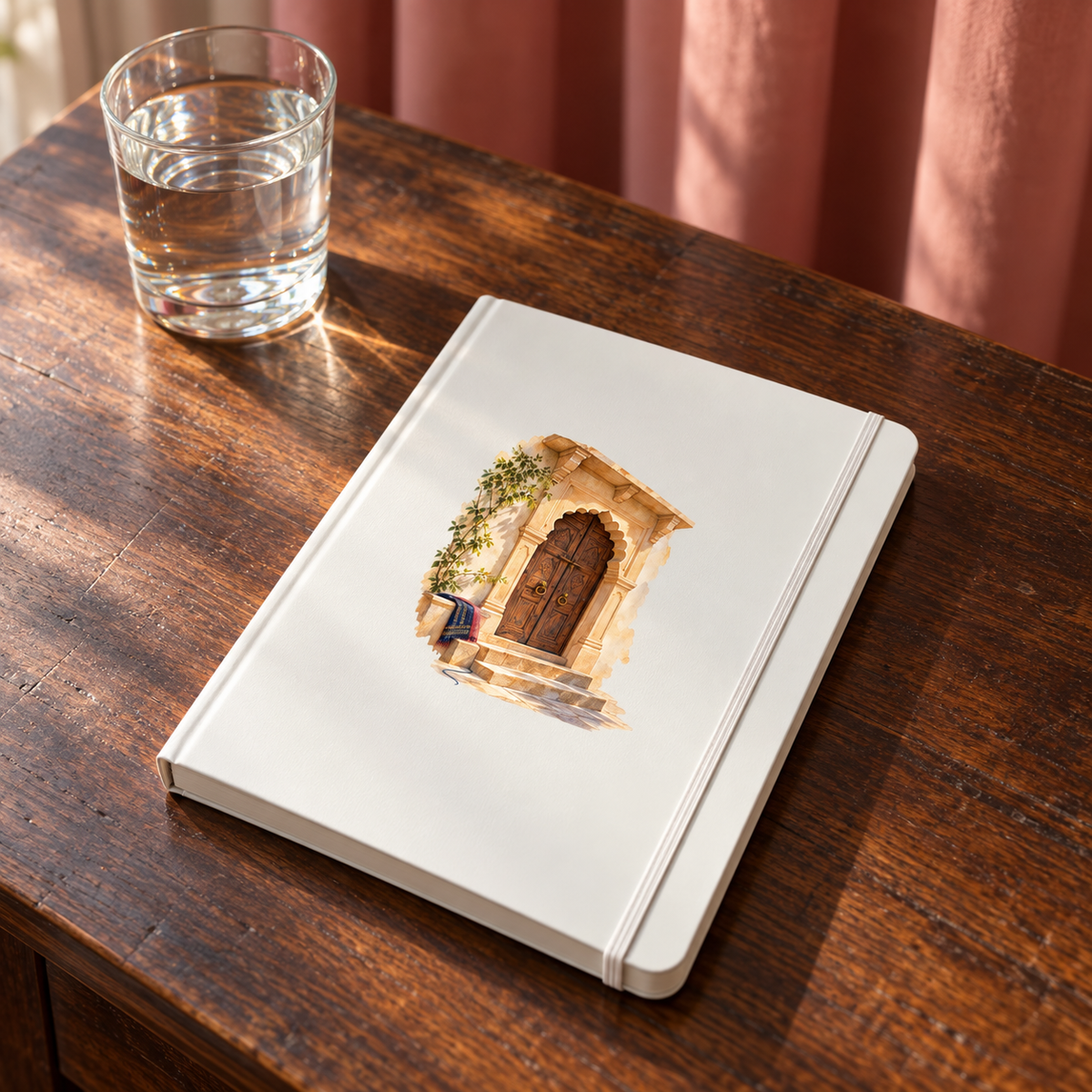 A white A House in the Margin A5 Journal | Sand & Saffron featuring an illustration of an arched wooden doorway on the cover rests on a wooden table next to a glass of water.