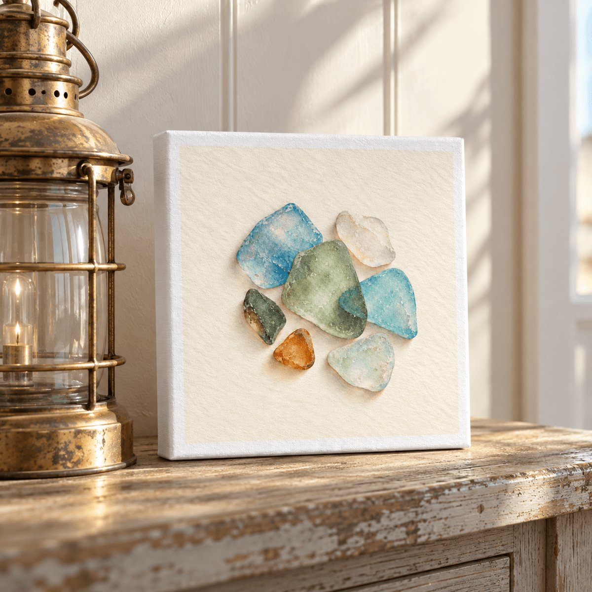 Colors the Tide Leaves Canvas square wall art featuring a small cluster of smooth, multicolored sea glass pieces in blue, green, amber, and clear tones.