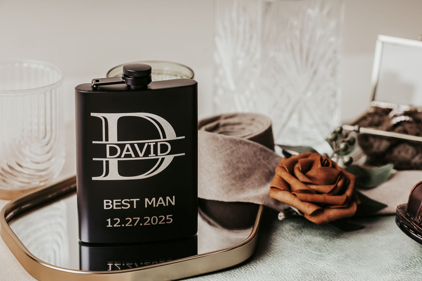 The Mirabilia Boutique Personalized Best Man Flask Gift Set features a custom black flask engraved with "David, Best Man, 12.27.2025"—a perfect addition to any groomsmen present set.