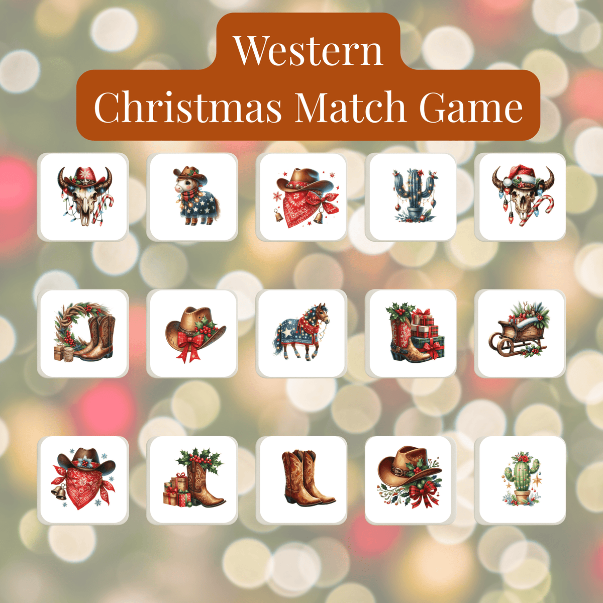 The Western Christmas Match Game | Holiday Memory Game by Mirabilia Boutique includes 16 cards with festive western images—cowboy boots, hats, longhorn skulls, and more—making it a perfect holiday gift for any western fan.