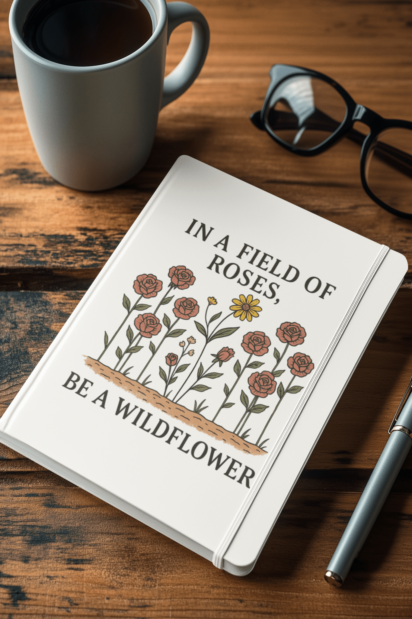 The Mirabilia Boutique Be a Wildflower Journal, a hardcover notebook with floral art and "In a field of roses, be a wildflower," sits on a wooden table with coffee, glasses, and pen—perfect as a unique gift for any occasion.