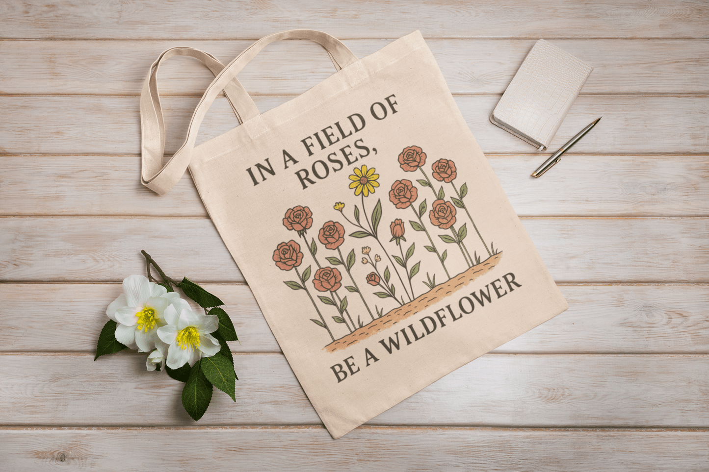 The Be a Wildflower Tote Bag | Inspirational Canvas Tote by Mirabilia Boutique features a floral design and the words “In a field of roses, be a wildflower” on beige canvas, perfect for carrying your essentials in style.