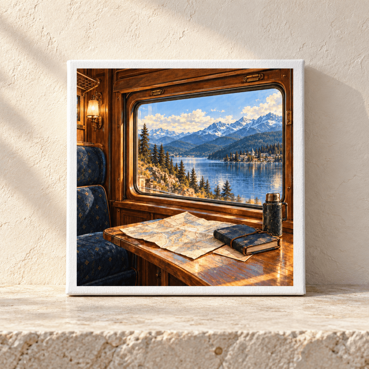 Window Seat Northbound Canvas by Mirabilia Boutique, depicting a train carriage interior with a wooden table holding a map and notebook, looking out at a window view of a lake and snow-capped mountains.