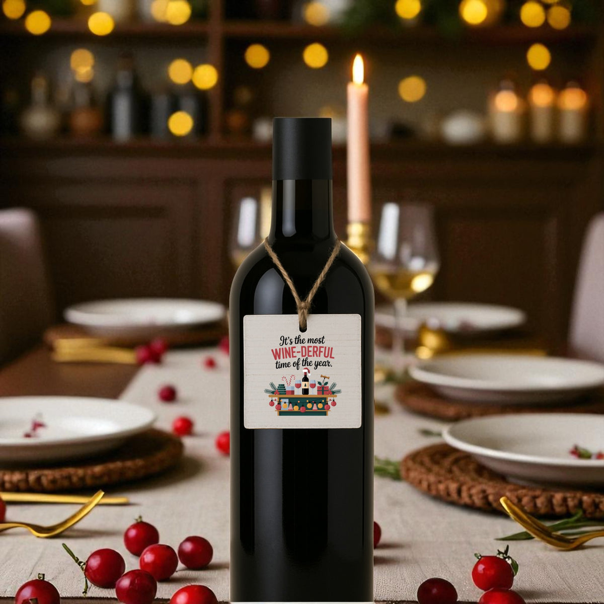 A Mirabilia Boutique Christmas Wine Tag from the set of 6, reading "It's the most wine-derful time of the year," decorates a wine bottle on a festive table with candles, string lights, plates, and glasses for a holiday meal.