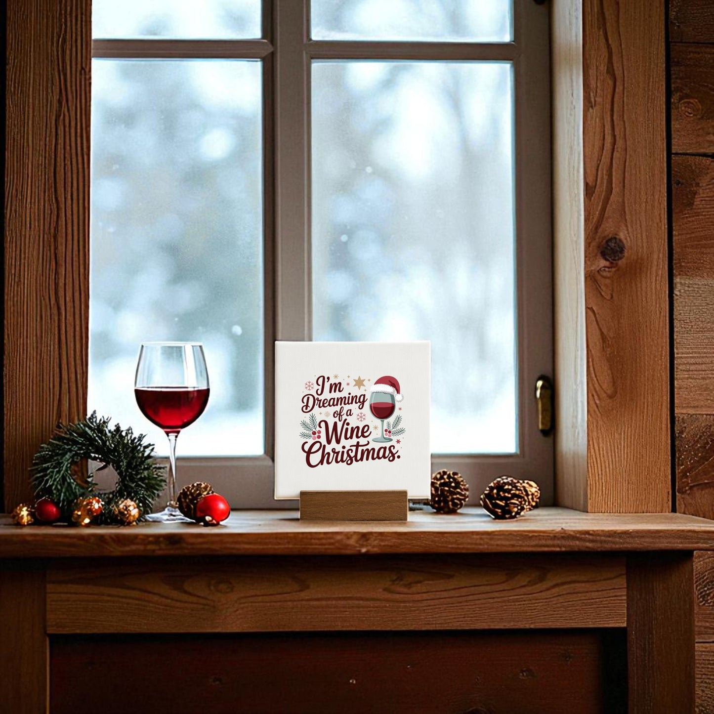 A glass of red wine, mini Christmas decor, and the Mirabilia Boutique "Wine Christmas Mini Canvas" with base—reading "I'm dreaming of a wine Christmas"—adorn a snowy windowsill, creating an ideal gift scene for wine lovers.