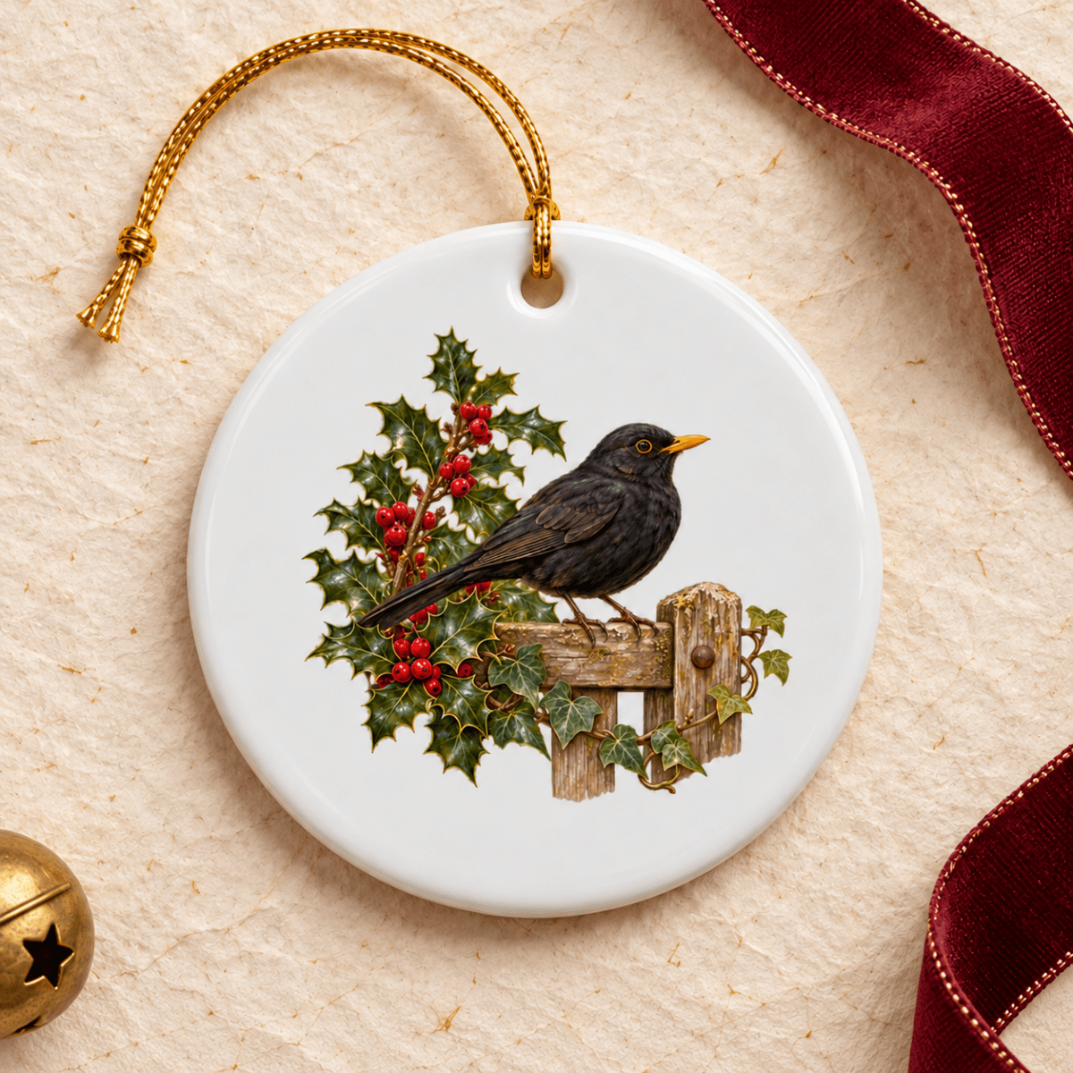 Blackbird in the Holly Ceramic Ornament featuring a round white ceramic ornament with a blackbird perched on a wooden fence next to a sprig of holly with red berries.