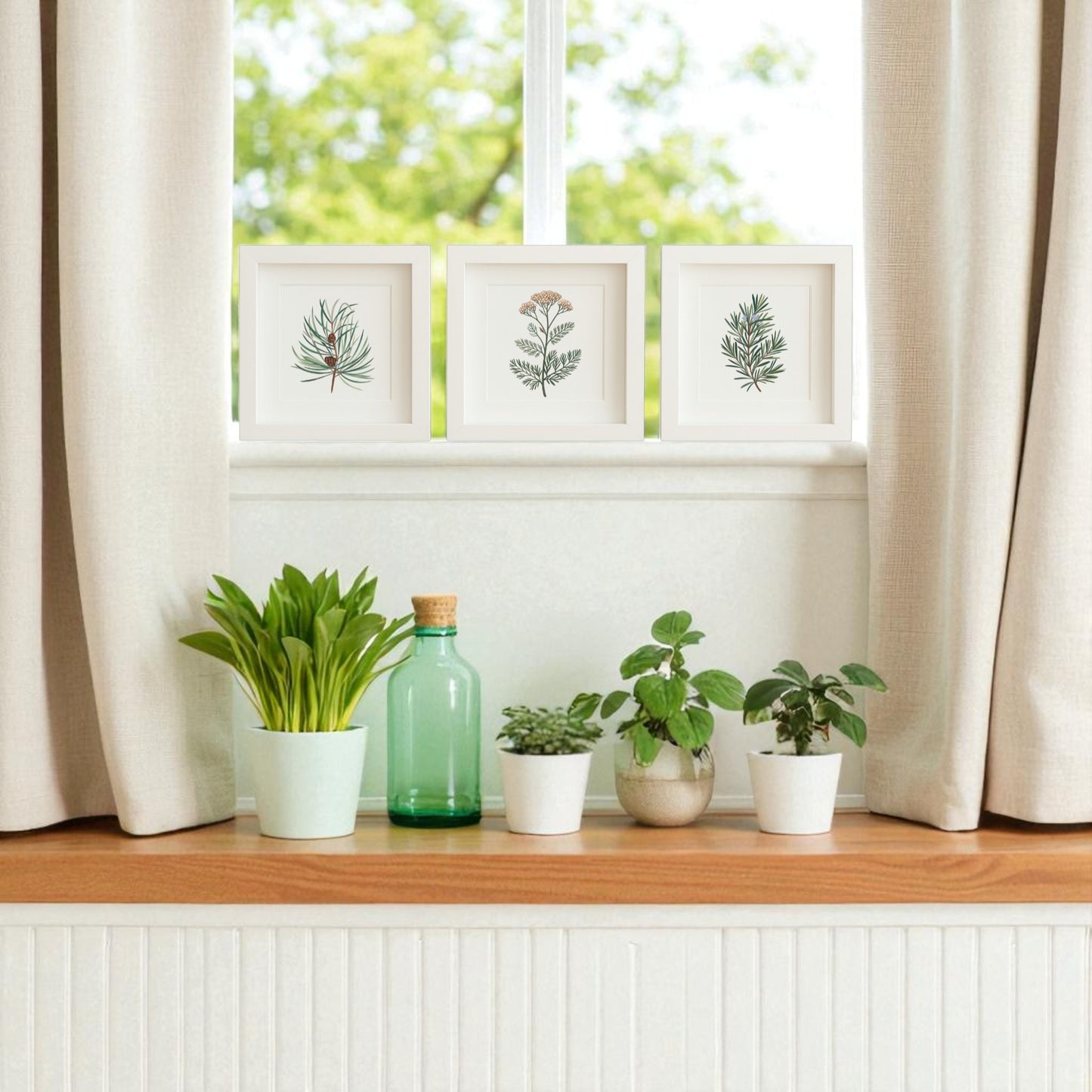 A windowsill displays three potted plants, a green glass bottle, and the "Winter Botanical Trio | Pine Yarrow Rosemary Prints" by Mirabilia Boutique as wall decor. Cream curtains frame the window with lush greenery visible outside.