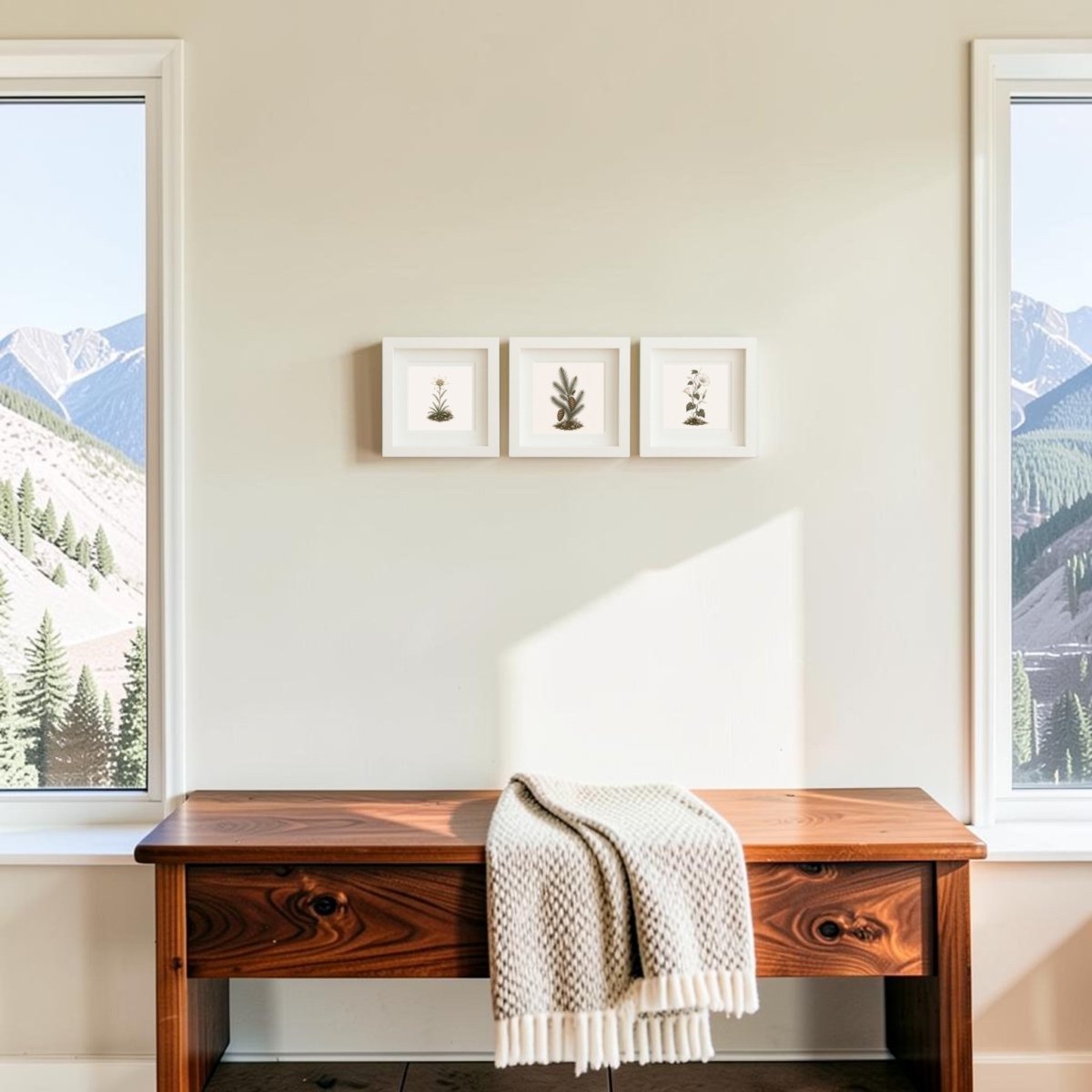 A wooden table with a folded blanket draped over it sits between two windows that reveal scenic mountain views. Hanging on the light-colored wall above the table are three small 5x5 framed prints from the Winter Meadow Botanical Shadowbox Trio by Mirabilia Boutique, each featuring delicate winter botanicals.